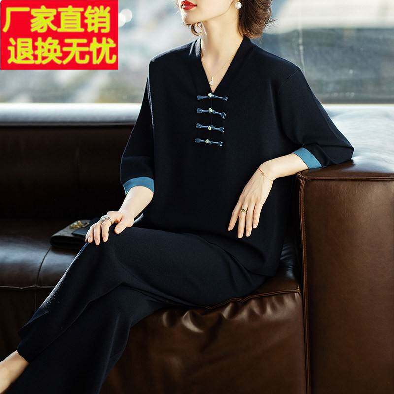妈妈新中式国风两件套洋气时尚中老年新款休闲套装女春秋大码夏季