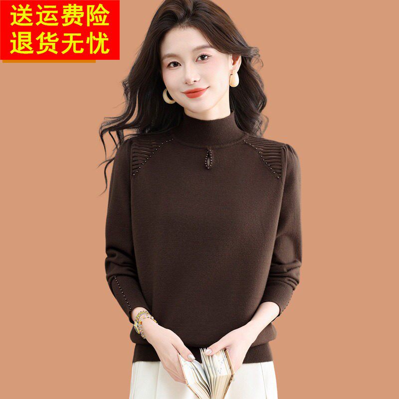超好看钉珠半高领毛衣女秋冬2026新款洋气宽松显瘦内搭打底羊毛衫