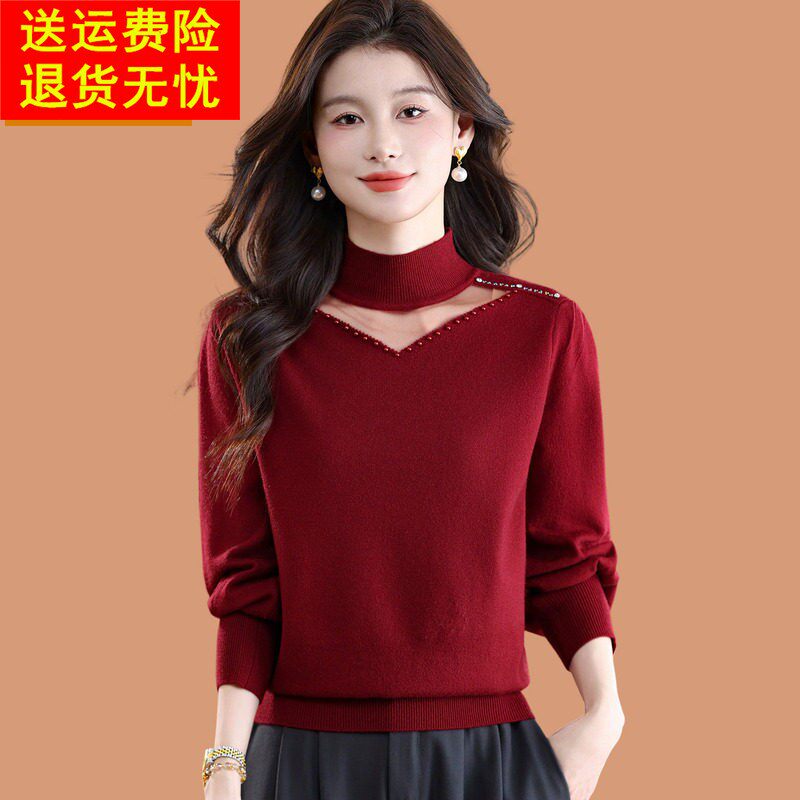 羊毛打底衫2026新款女秋冬半高领毛衣镂空洋气钉珠好看高级感上衣