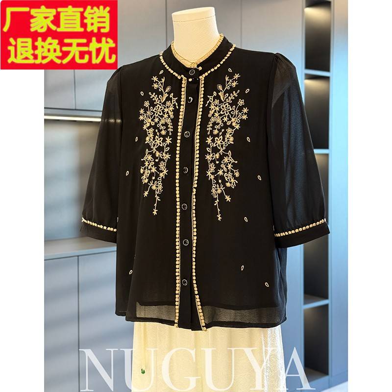 时尚洋气妈妈装雪纺衬衫女短袖2025年夏装新款上衣减龄中老年衬衣