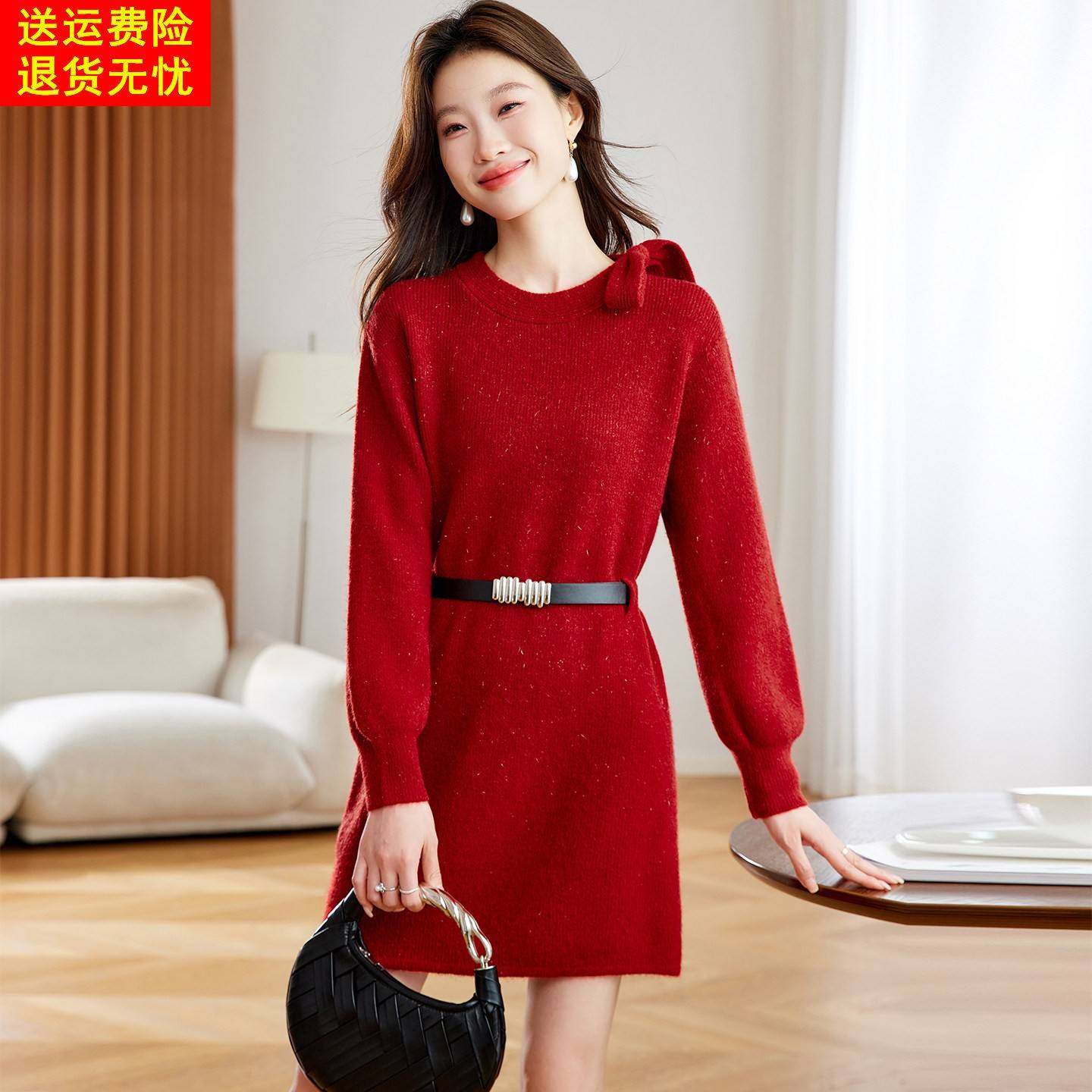 针织连衣裙女腰带收腰中长款设计感巨好看的内搭打底配大衣毛衣裙