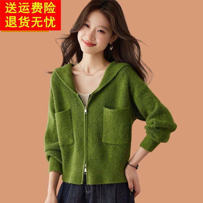 连帽开衫女秋冬2026新款小个子双口袋拉链上衣巨好看羊毛毛衣外套