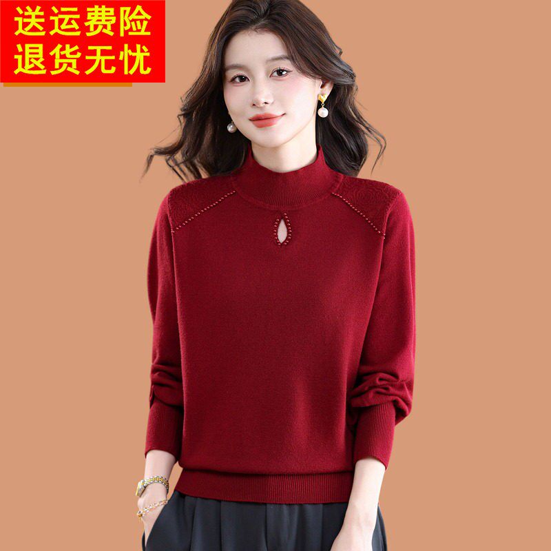 巨好看短款毛衣女士秋冬高级感钉珠镂空半高领羊毛打底衫2026新款