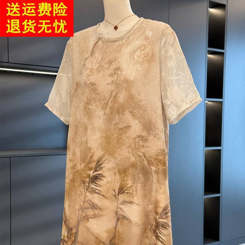 覆古中国风妈妈中长版雪纺洋装女2025夏装新款气质大尺码中年裙子