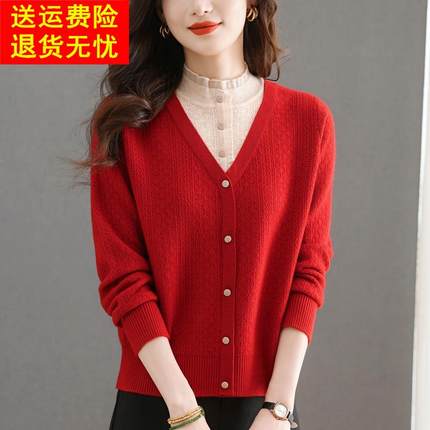 中老年妈妈秋冬装打底衫蛇年本命年红色女装时尚上衣服假两件毛衣