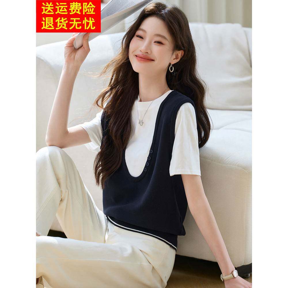 夏季洋气拼接上衣假两件短袖t恤女2026新款休闲正肩薄款针织小衫