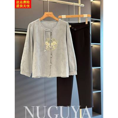 中老年国风棉麻T恤女开衫2025年春秋新款上衣妈妈装休闲气质衬衫