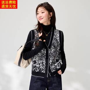 黑白撞色V领针织马甲开衫高领打底衫两件套时尚叠穿套装内搭毛衣