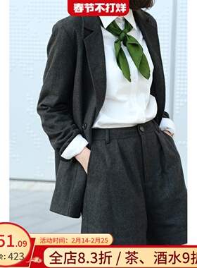 远家原创女装羊毛呢灰绿色西服短裤宽松休闲百搭西裤 春新LF663限