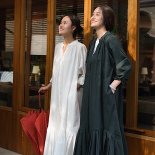 远家纯棉V领连衣裙简约长袖 衬衣裙文艺复古鱼尾长裙秋LF5138限量