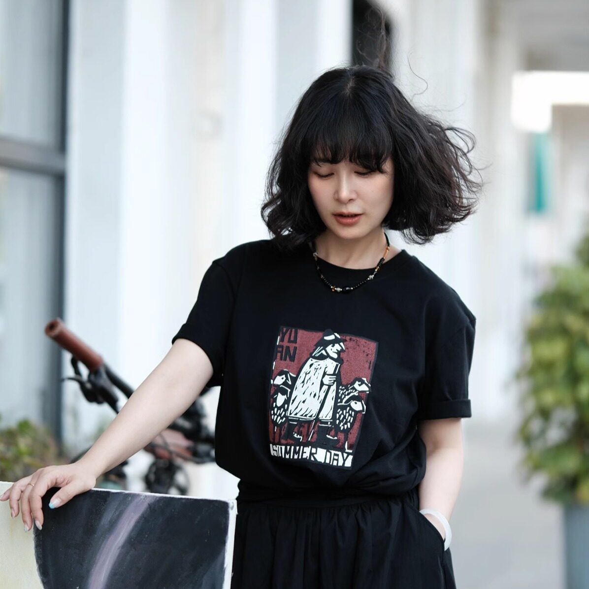 远家经典款 版画印花T恤 宽松休闲复古短袖 百搭上衣WL-662