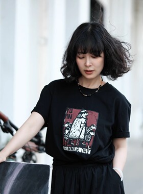 远家经典款 版画印花T恤 宽松休闲复古短袖 百搭上衣WL-662