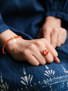 远家定制南红玛瑙镶嵌925银镀24K古法黄金戒指可调节Y-308限