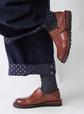 远家经典款重工水洗头层牛皮四季皮鞋 复古圆头一脚蹬扣袢带W-930