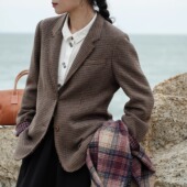 微垫肩撞色袖 远家毛呢复古格纹翻驳领西装 外套 口西服LF5922限量