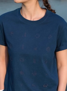 远家 蓝染植物染纯棉T恤 钉珠绣花宽松圆领短袖 春新WL-768限量