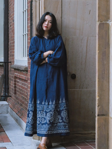 远家宽松纯亚麻蓝染蜡画大摆袍子