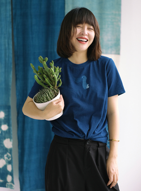 远家草木染蓝染蜡画鸭子图案T恤合体圆领短袖上衣W-368限