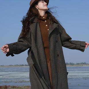 远家千鸟格英伦风衣外套长款垂感毛呢系带宽松收腰大衣新Y-365限