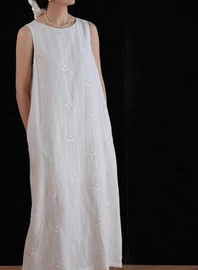 远家天丝亚麻钉珠绣片背心裙 圆领长款连衣裙 后开衩HL5315限量