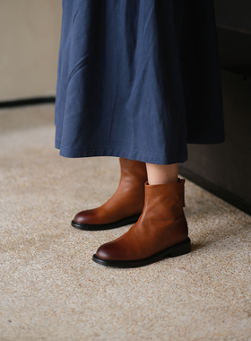远家意大利进口胎牛皮圆头中筒靴后拉链中跟切尔西复古W-593限量