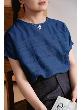 远家 蓝染草木植物染刺绣上衣衬衣 休闲宽松短袖 夏新LL3822限量