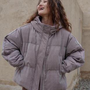 远家色织千鸟格格纹白鸭绒羽绒服连帽短款面包服休闲外套W-727限