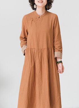 远家改良斜襟格子旗袍 双层棉麻格子复古连衣裙休闲长裙 HL5205限