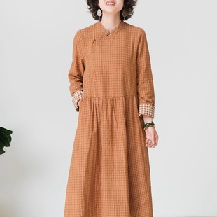 远家改良斜襟格子旗袍 HL5205限 双层棉麻格子复古连衣裙休闲长裙