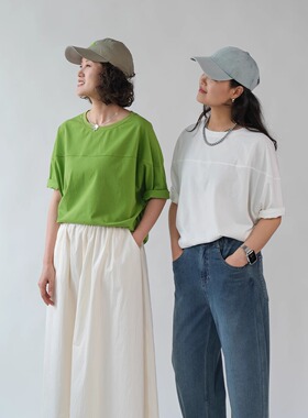 远家 连肩袖拼接宽松T恤 圆领厢式版型蝙蝠袖 休闲短袖 新W-645限