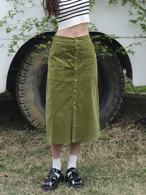 远家绿色灯芯绒半身裙