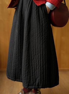 远家 黑色绗棉半身裙 夹棉保暖A字裙 休闲加厚长裙子冬新HF5212限