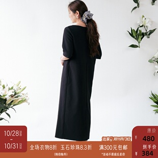 HF5297限量 宽松长裙袍子 远家垂坠不易皱直筒连衣裙 圆领中袖