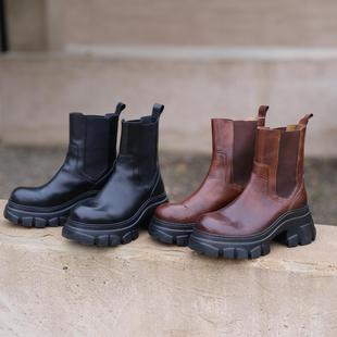 远家头层牛皮超轻厚底高跟切尔西靴显高显瘦镂空防滑底靴W 755限