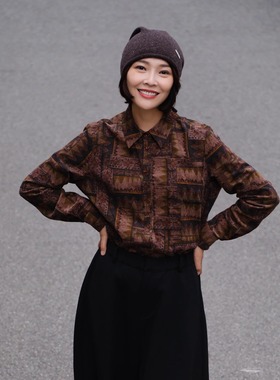 远家 纯棉灯芯绒翻领长袖衬衫 复古印花基础款衬衣打底HT5959限量