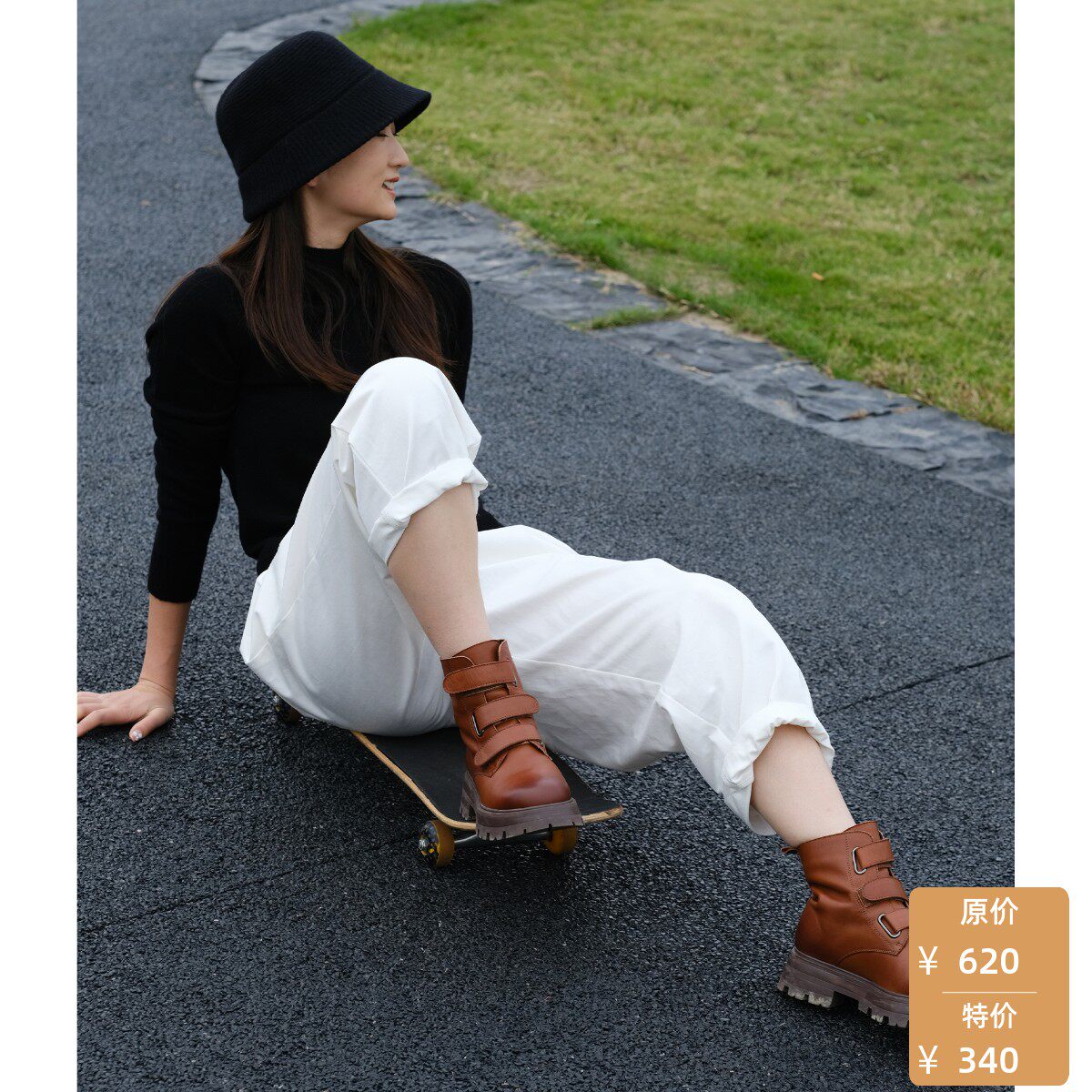 【特价】远家头层全粒面牛皮靴子魔术贴圆头加绒马丁靴秋W-452限,女鞋,时装靴,淘宝优惠券,粉丝福利购,淘宝优惠卷