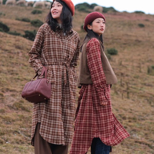 远家格纹复古文艺连衣裙