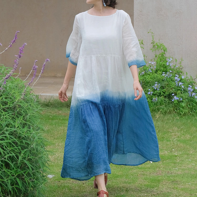 远家草木蓝染渐变喇叭袖蛋糕裙