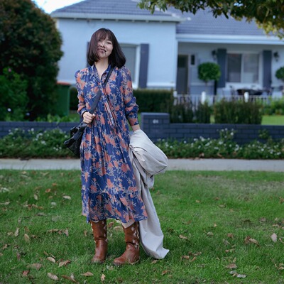 远家V领飘带碎花连衣裙