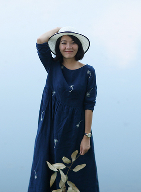 远家经典款 亚麻草木蓝染蒲公英绣花长袍文艺连衣裙春秋 C-813限