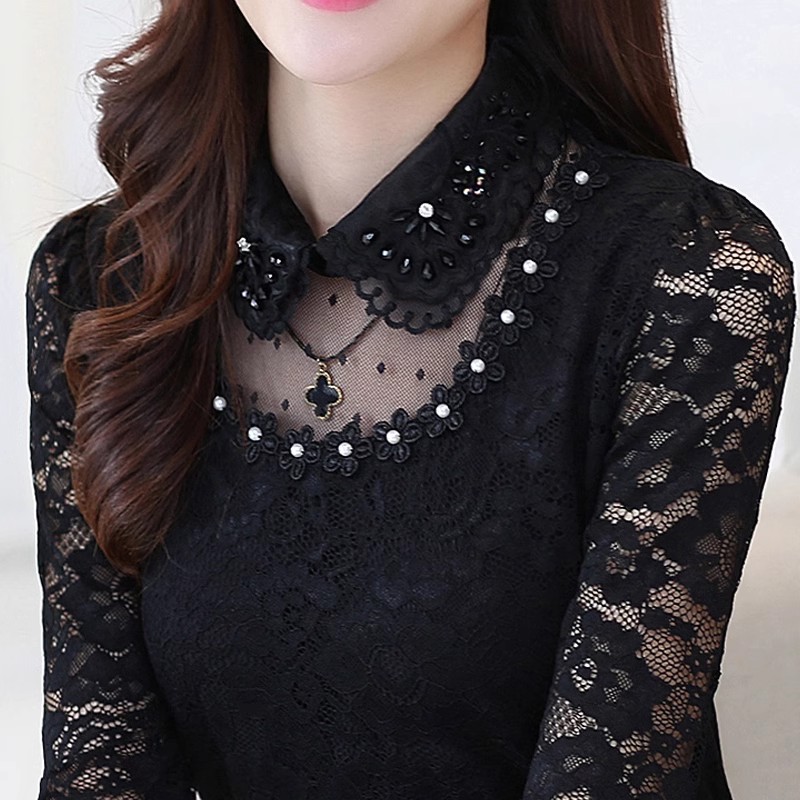 娃娃领蕾丝网纱打底衫女春秋长袖衫内搭镂空修身洋气小衫百搭上衣