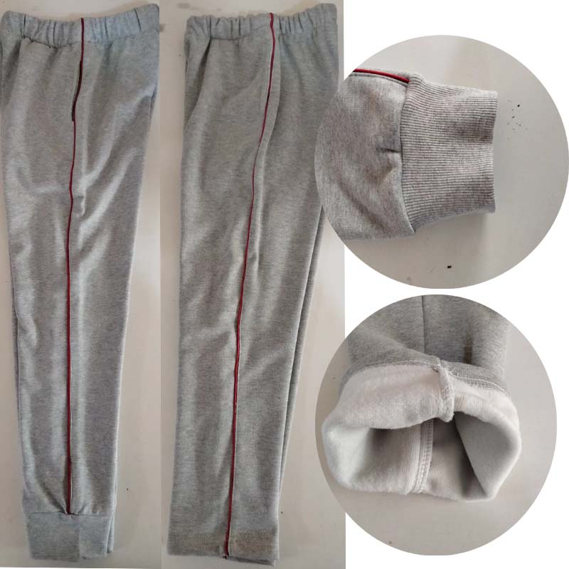 冬季加绒浅灰色校裤细酒红杠