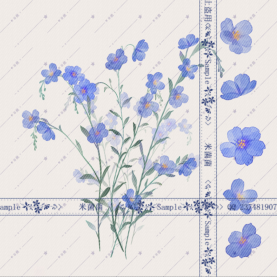 【蓝亚麻花】原创素材透明底png国画古风可商用水彩免抠花枝
