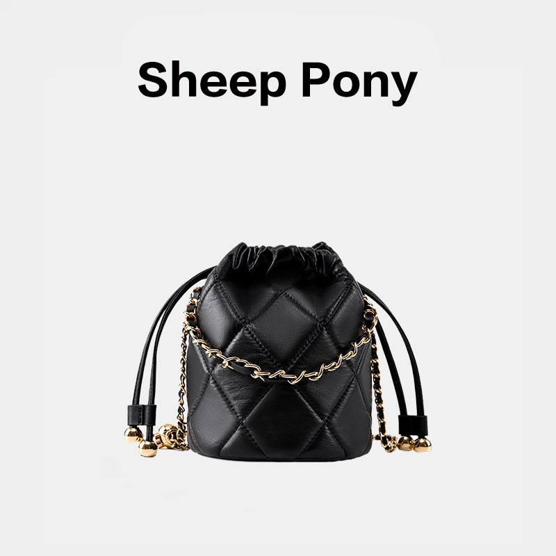 SHEEP PONY菱格条纹水桶包真皮包包女士手提包小链条单肩包斜挎包