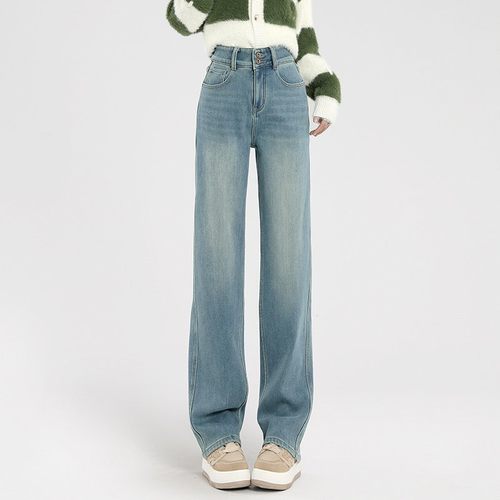 浅色加绒窄版直筒仔牛裤女冬2024秋LD2023X3新款宽高腰羊羔绒加厚