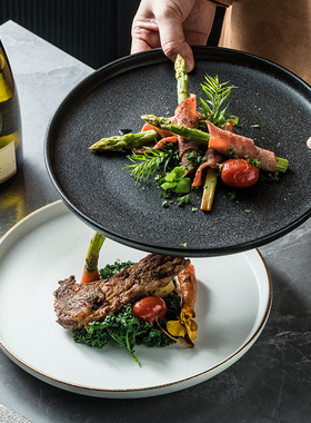 黑色牛排盘西餐盘高颜值餐厅陶瓷盘菜盘肉盘鱼盘创意餐具圆形盘子