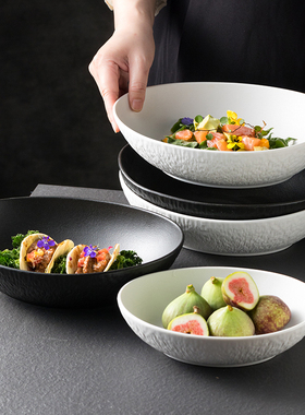 北欧风高级感白色西餐汤盘家用轻奢元宝设计法式大码装菜陶瓷深盘