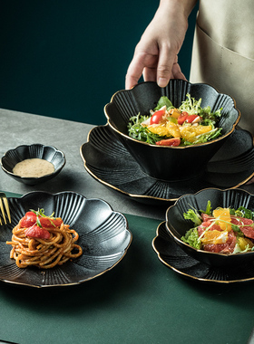 金边黑色磨砂盘子西餐盘牛排餐盘餐厅商用日式创意家用陶瓷盘餐具