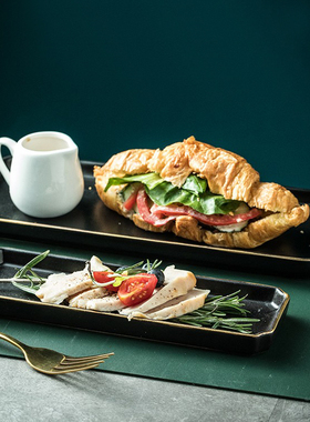 黑色寿司盘创意 陶瓷寿司盘子日式长条长方形长盘子火锅商用碟子