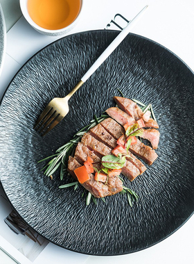 黑色创意牛排盘子家用西餐盘子牛排盘网红餐盘早餐盘西式牛扒盘碟